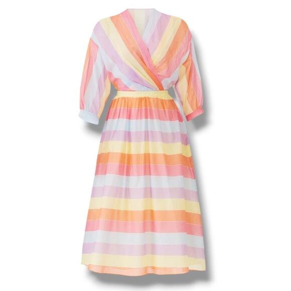 Tara Jarmon Rainbow Stripe Midi Dress Small Dopamine Dressing Parisian Pastel - Picture 9 of 9